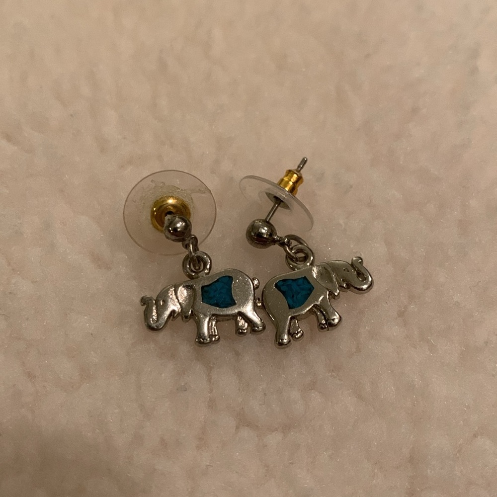 Silver and turquoise teal elephant stud drop earrings - Picture 3 of 6